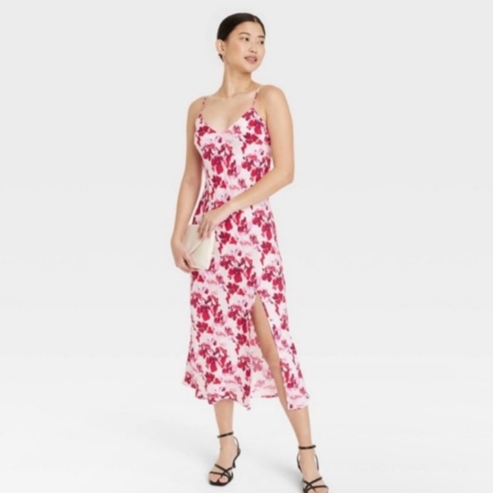 NWOT a new day Red Floral Crepe Midi Slip Dress Women’s Size small